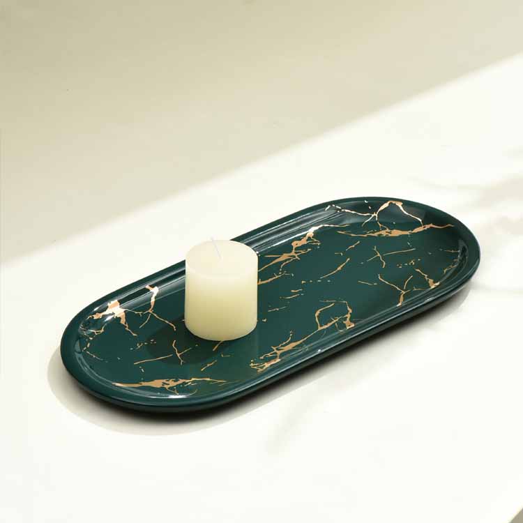 Nordic Style Light Luxury Gold Thread Marbled Ceramic Oval Green/White/Black Storage Tray, Service Plate, Jewelry Tray, Decoration Tray