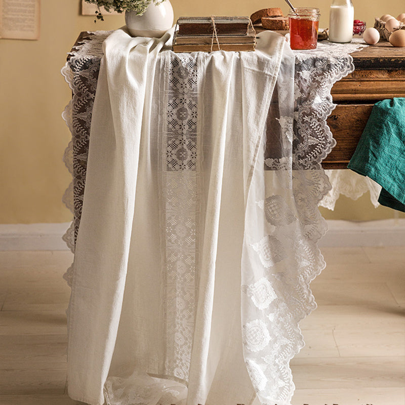 French lace tablecloth retro decorative hollow Nordic style tablecloth small round table coffee table white rectangular home Heavy Embroidery Lace Hem Natural Ramie Fabric Original Design