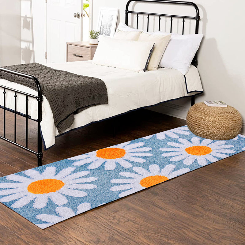Feblilac Blue Daisy Runner Mat for Bedroom, Flower Floral Area Rug, Soft Plush Carpet for Living Room Bedroom Bathroom