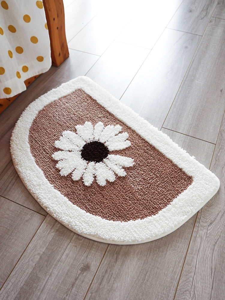 Semicircle Daisy Bathroom Mat, White Flower Bath Rug, Nature Bathroom Decor, Soft Water-Absorbent Mat for Bath Shower, Blue Brown