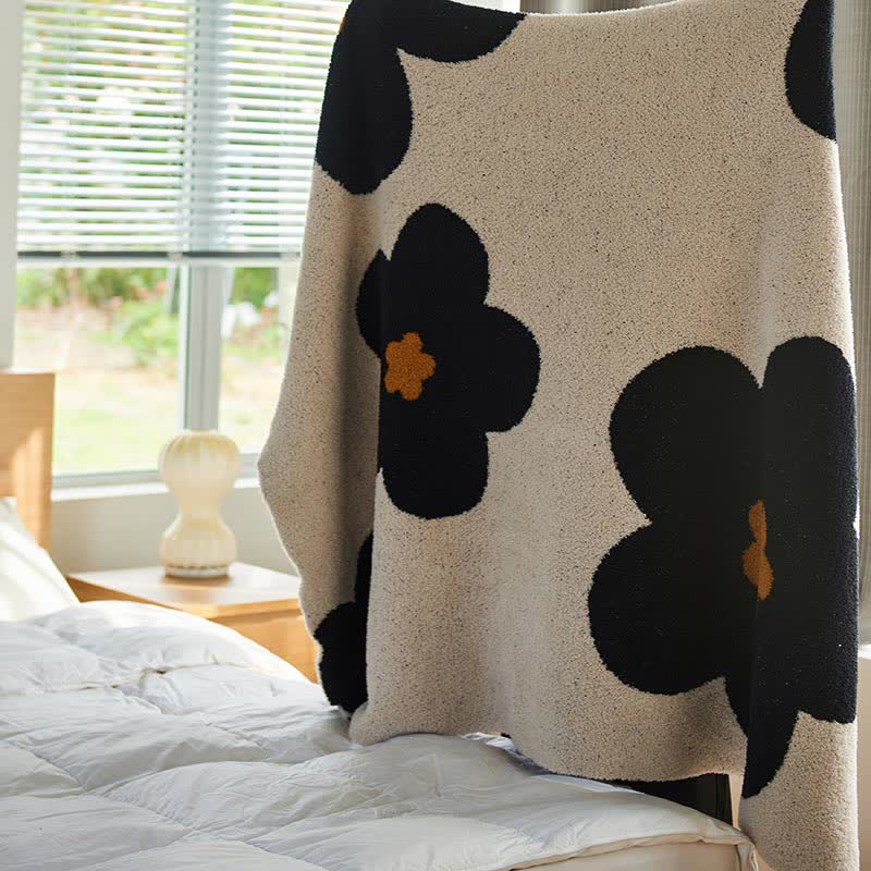 Black Flower Knitted Throw Sofa Blanket