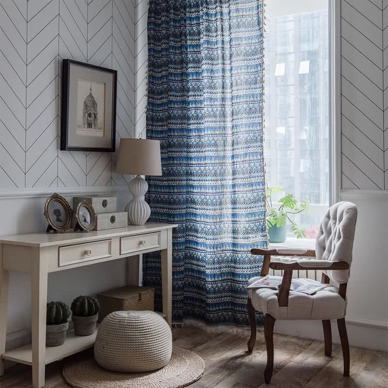 Blue Geometry Beige Tassel Light Filtering Curtain
