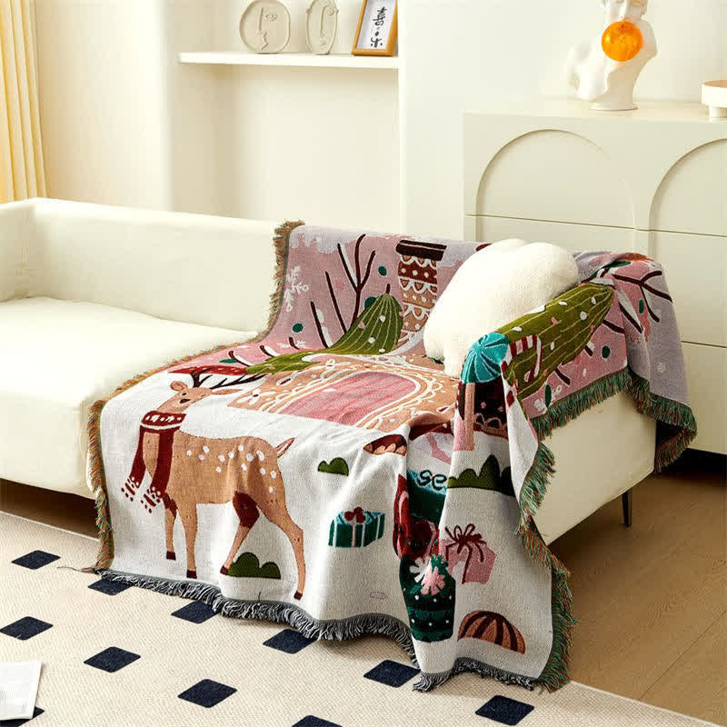 "Happy Holiday" Christmas Elk Tassel Blanket