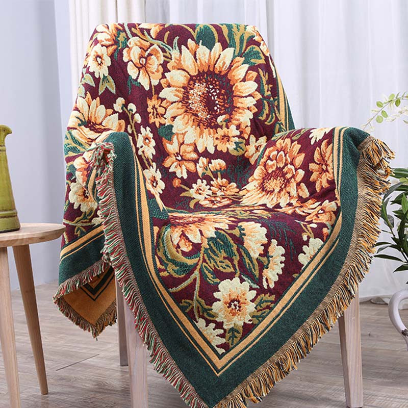 Bohemian Chrysanthemum Tassel Cotton Knit Blanket