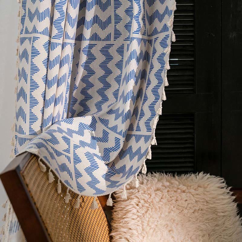 Blue Ripple Tassel Light Filtering Curtain