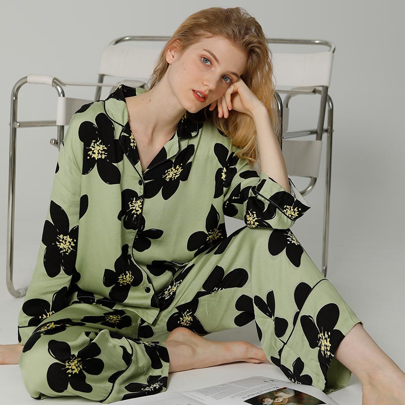 Black Flower Satin Pajama Set Loungewear