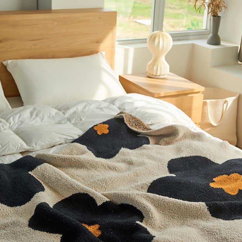 Black Flower Knitted Throw Sofa Blanket
