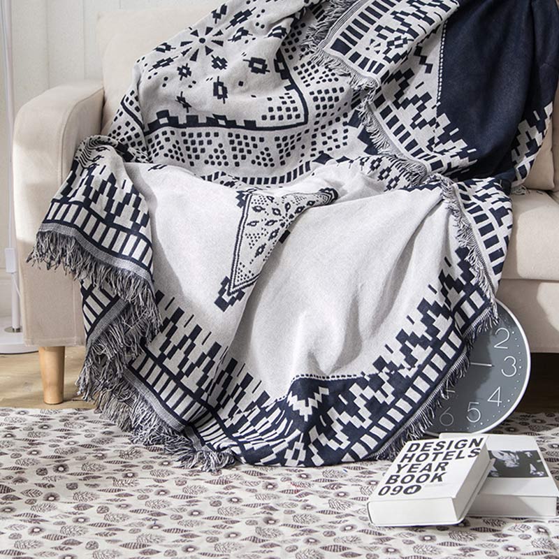 Bohemian Black & White Plaid Tassel Blanket