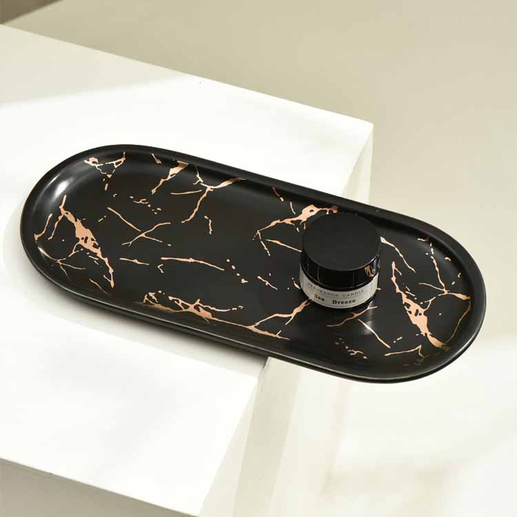 Nordic Style Light Luxury Gold Thread Marbled Ceramic Oval Green/White/Black Storage Tray, Service Plate, Jewelry Tray, Decoration Tray