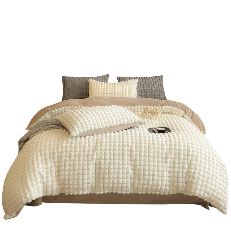 Solid Color Poly Rabbit Wool Flannel Puffy Duvet Cover Bedding Set