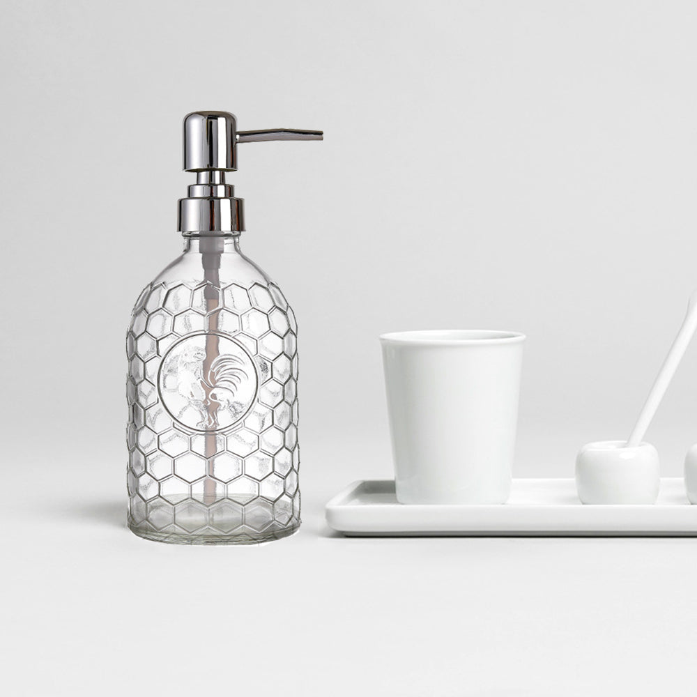 Clear Glass Soap Dispenser, Rooster Pump Bottle for Bathroom and Kitchen, 17.6 Oz/500ml
