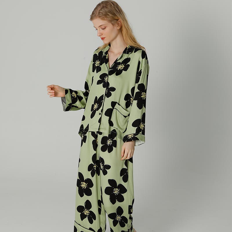 Black Flower Satin Pajama Set Loungewear