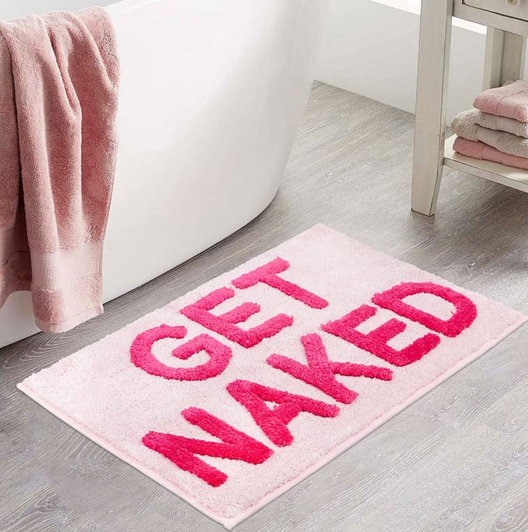 Pink Get Naked Bath Mat, Non-Slip Bathmat, Fun Quotation Anti Slip