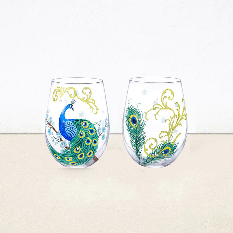 Peacock Stemless Wine Glasses Set (2 PCS tumbler peacock cup)