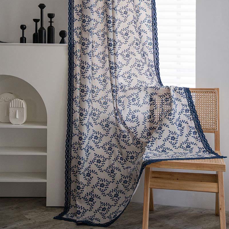 Blue Flower Lace Brim Light Filtering Curtain