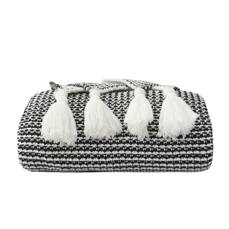Black & White Knitted Blanket with Tassels