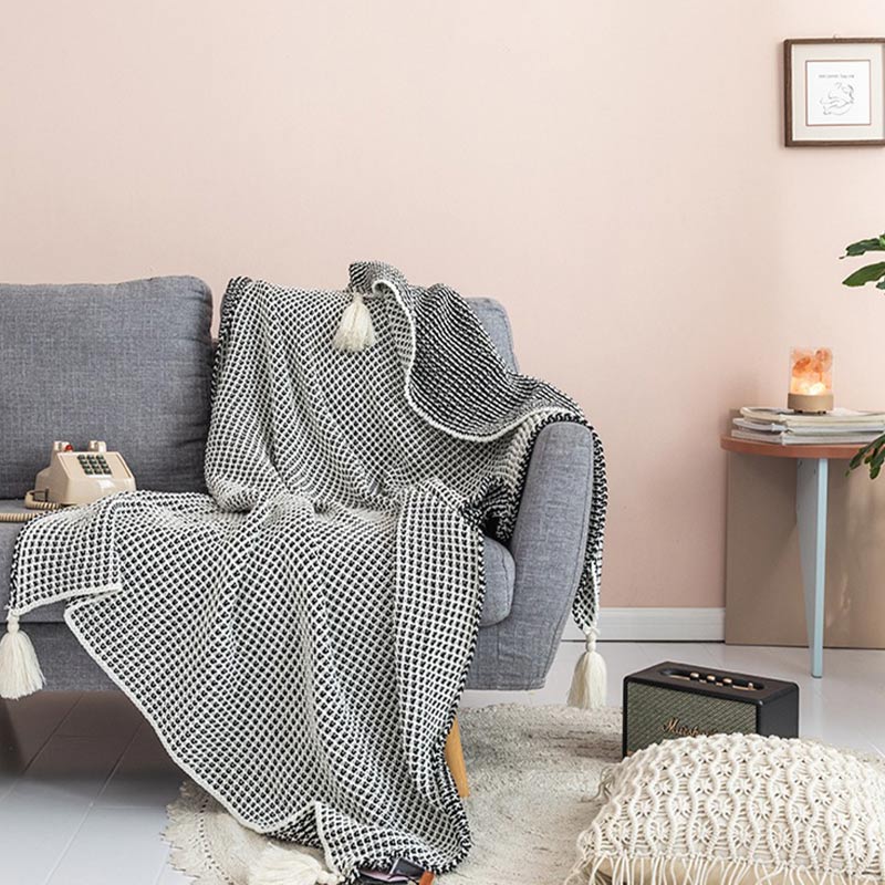 Black & White Knitted Blanket with Tassels