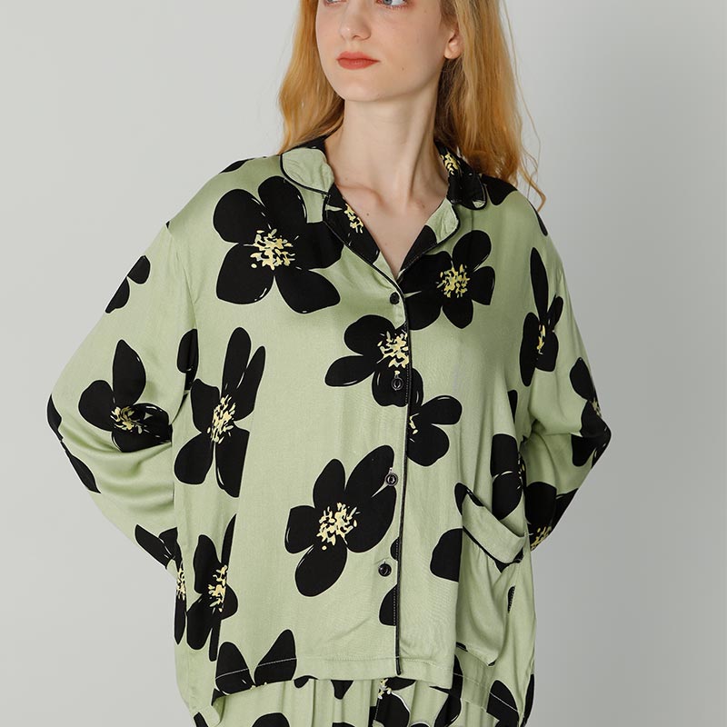 Black Flower Satin Pajama Set Loungewear