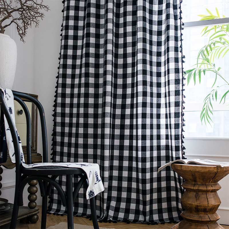 Black & White Plaid Cotton Linen Curtain