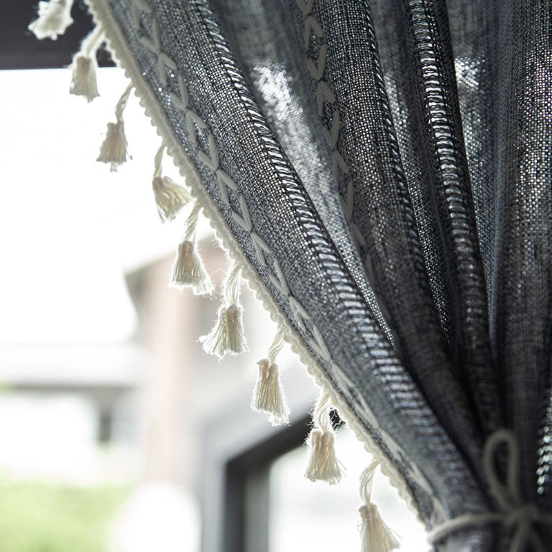 Beige Tassel Flax Tier Curtain