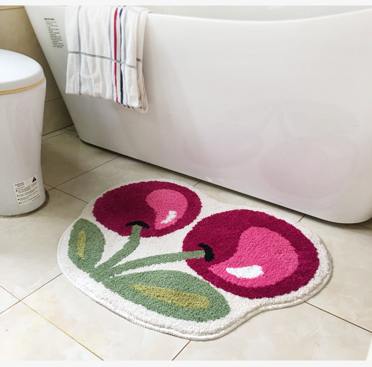 Cute Cherry Bath Mat, Red Fruit Bathroom Rug, Soft Plush Water-Absorbent Mat, Multiple Sized Anti Slip Toilet Mat, Soft Thick Bathroom Carpet, Art Bathroom Mats, Best Bath Rugs, Tufting Art Rug for Bathroom Toilet Bathtub