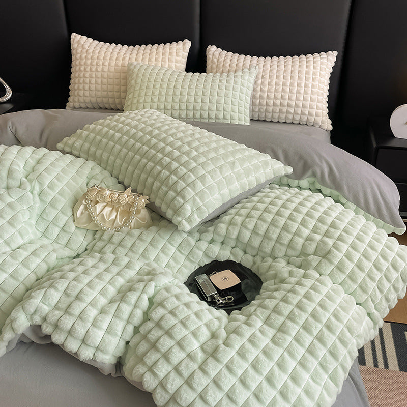 Solid Color Poly Rabbit Wool Flannel Puffy Duvet Cover Bedding Set