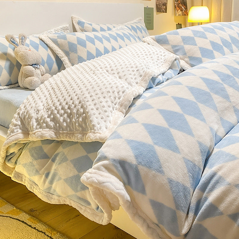 Thickened Rhombus Blue/Coral/Yellow Flannel Duvet Cover Bedding Set