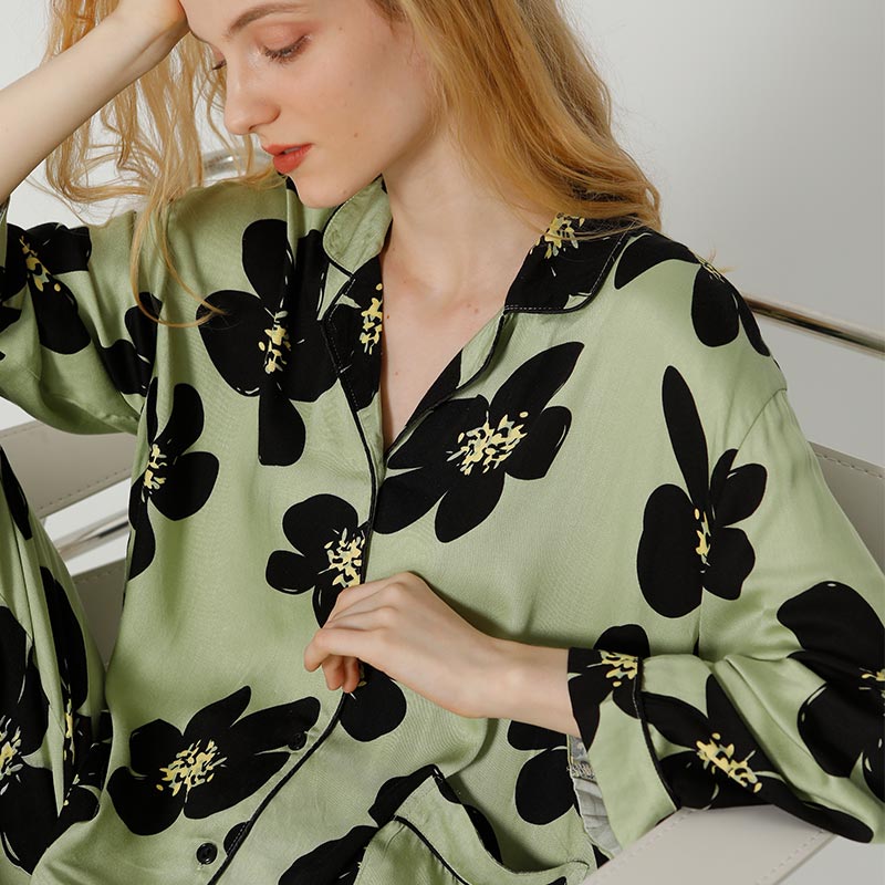 Black Flower Satin Pajama Set Loungewear