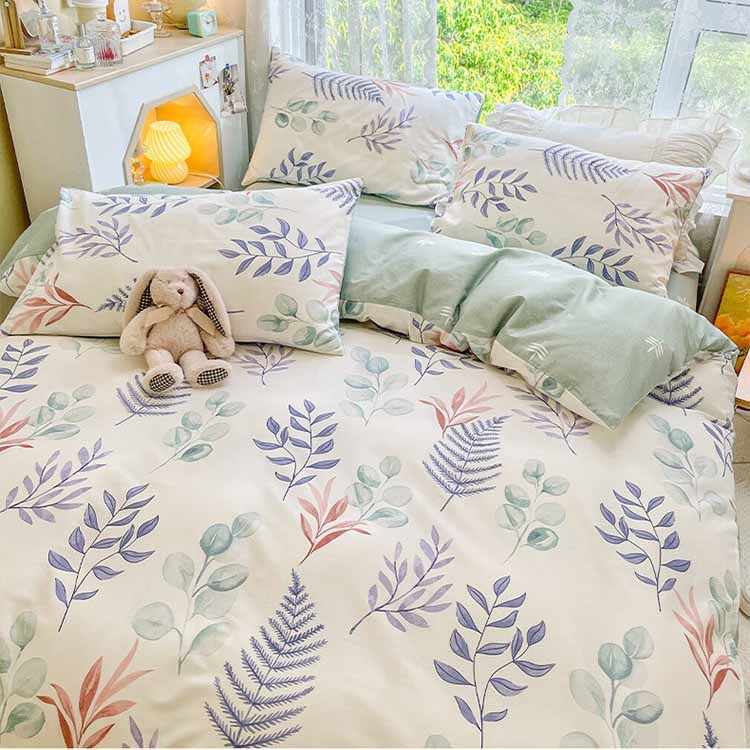 Blue and Green Leaves Bedding Set Washable 60s Cotton Duvet Cover Bedding Set