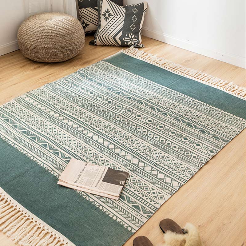 Bohemian Cotton Green Striped Area Rug