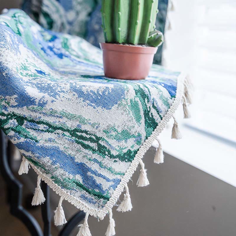 Blue Green Painting Style Light Filtering Curtain