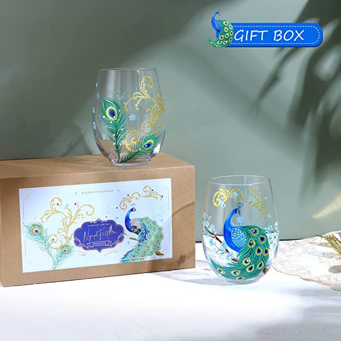 Peacock Stemless Wine Glasses Set (2 PCS tumbler peacock cup)
