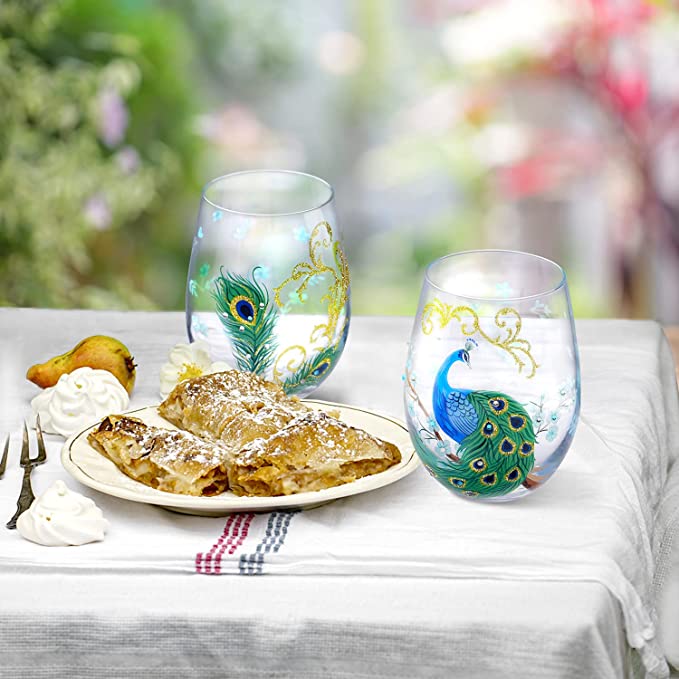 Peacock Stemless Wine Glasses Set (2 PCS tumbler peacock cup)