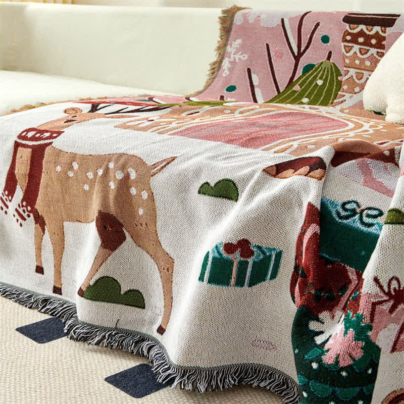 "Happy Holiday" Christmas Elk Tassel Blanket