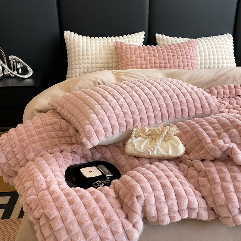 Solid Color Poly Rabbit Wool Flannel Puffy Duvet Cover Bedding Set