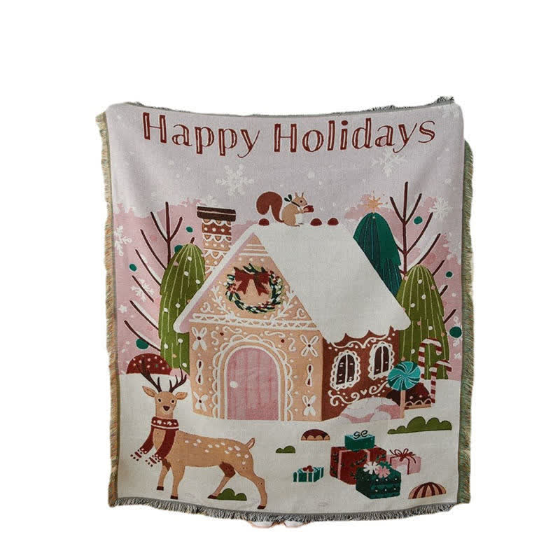 "Happy Holiday" Christmas Elk Tassel Blanket