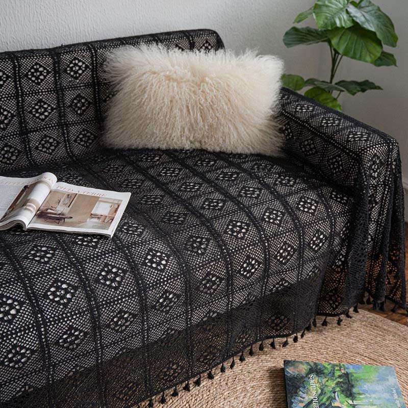 Black Hollow-Out Tassel Sofa Protector