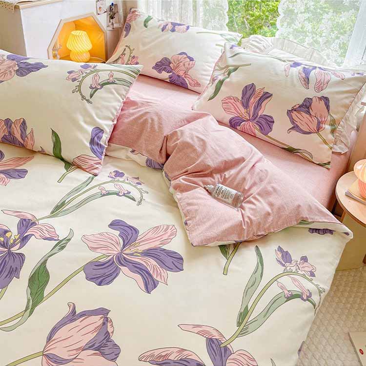 Pink and Purple Lily Flowers Cream Ground Bedding Set Washable 60s Cotton Duvet Cover Bedding Set