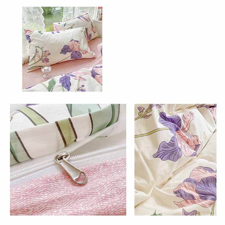 Pink and Purple Lily Flowers Cream Ground Bedding Set Washable 60s Cotton Duvet Cover Bedding Set