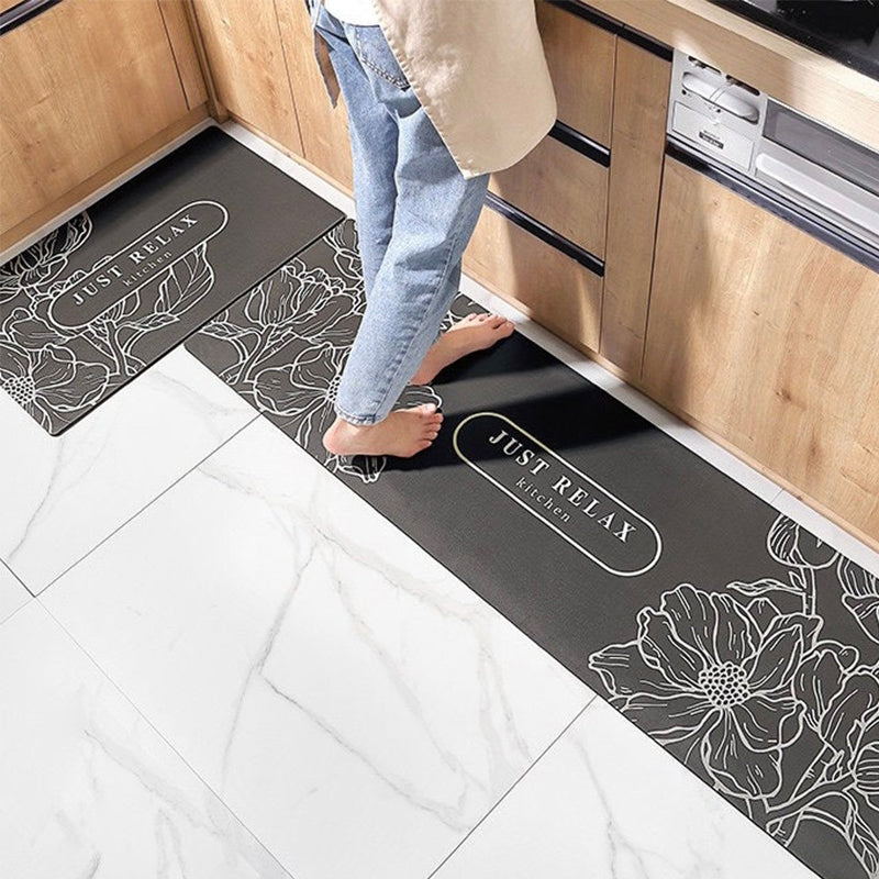 Black Botanic Leaves Kitchen Floor Mat, Washable Anti Fatigue Mat