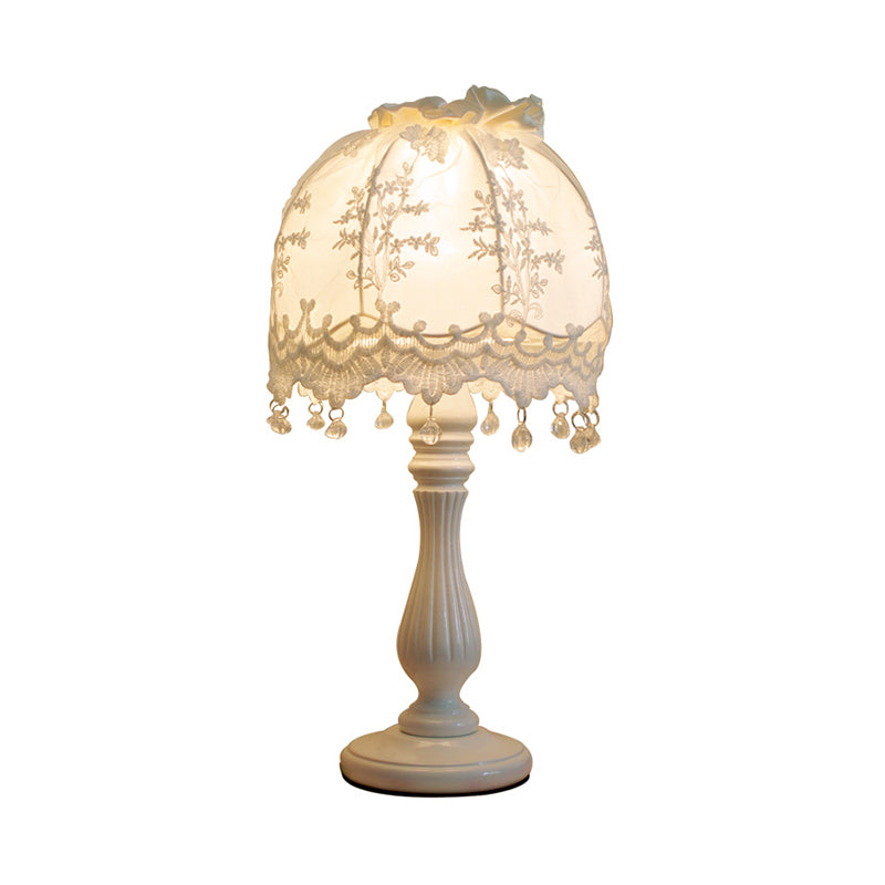 Pastoral Dome Night Table Lamp Fabric 1 Light Girls Bedroom Nightstand Light in White with Lace Decor