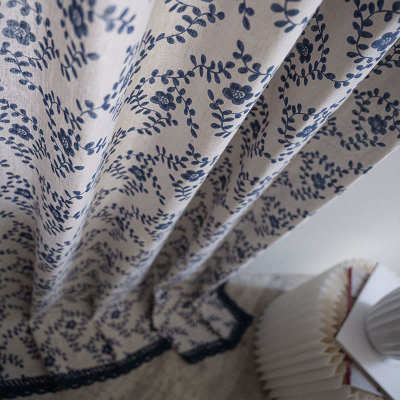 Blue Flower Lace Brim Light Filtering Curtain