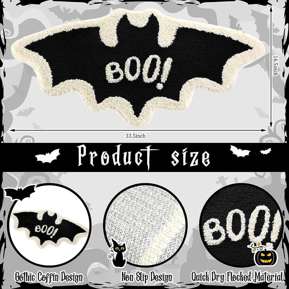 Feblilac Halloween Bat Bath Mat Coffin Bath Mat Decor Halloween Rug Decor Black Gothic Gift Room Decorations Spooky Witch Home Bat Shaped Mats Coffin Rugs Bat Rugs for Bathroom Bedroom Kitchen (Bat)
