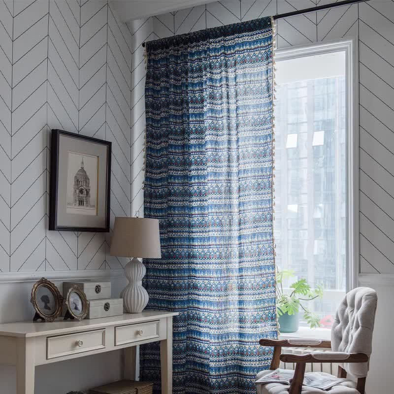 Blue Geometry Beige Tassel Light Filtering Curtain