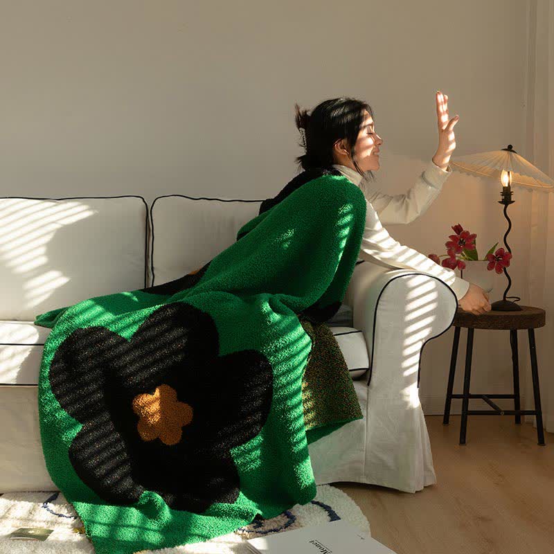 Black Flower Knitted Throw Sofa Blanket