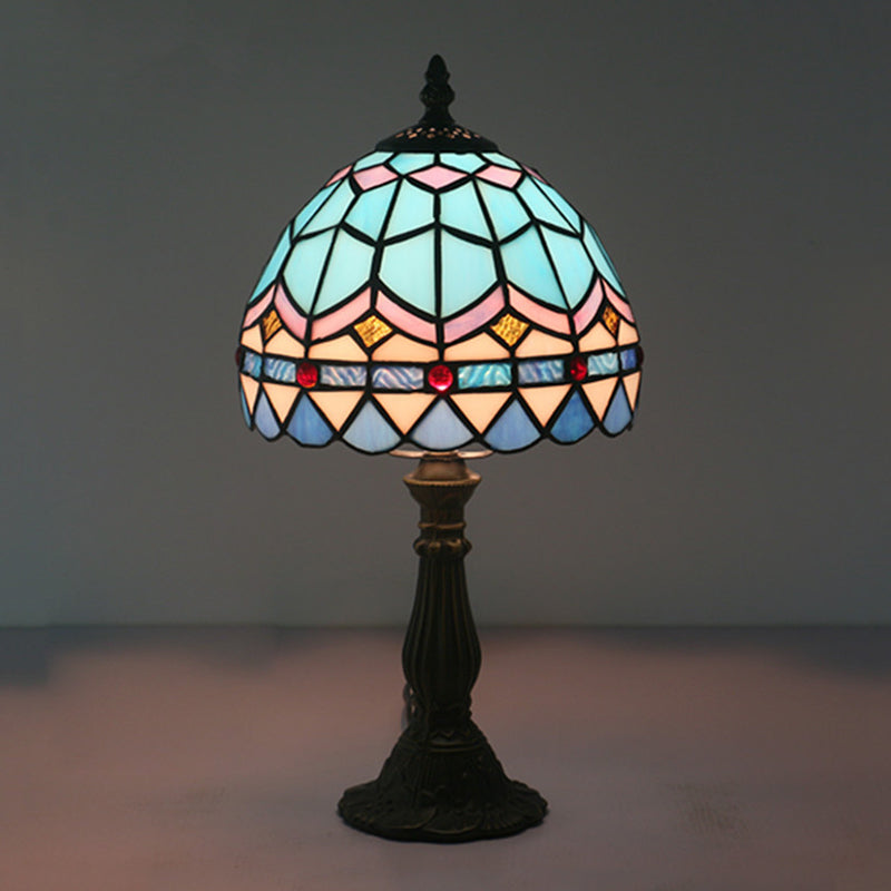 1 Bulb Table Lighting Tiffany Bowl Shaped Stained Art Glass Night Lamp in Yellow/Blue with Baluster