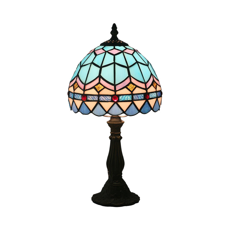 1 Bulb Table Lighting Tiffany Bowl Shaped Stained Art Glass Night Lamp in Yellow/Blue with Baluster
