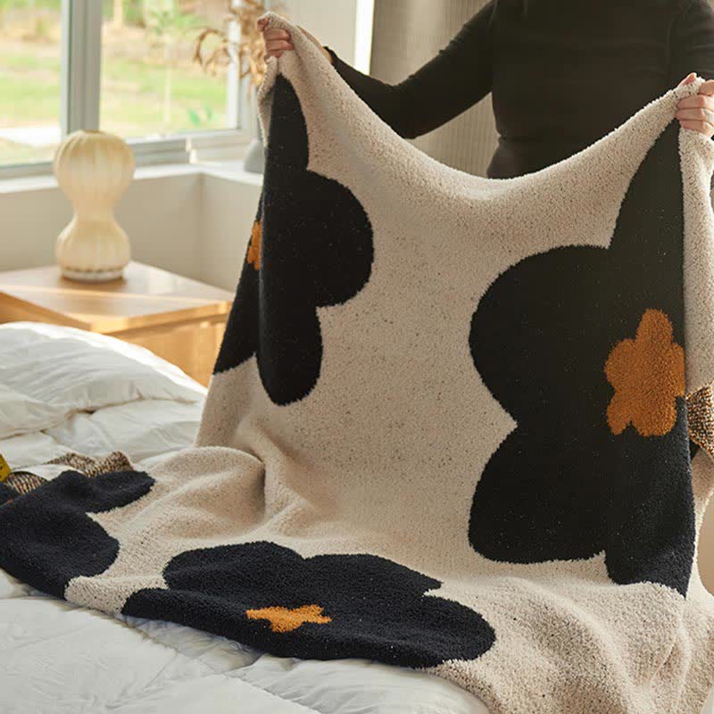 Black Flower Knitted Throw Sofa Blanket