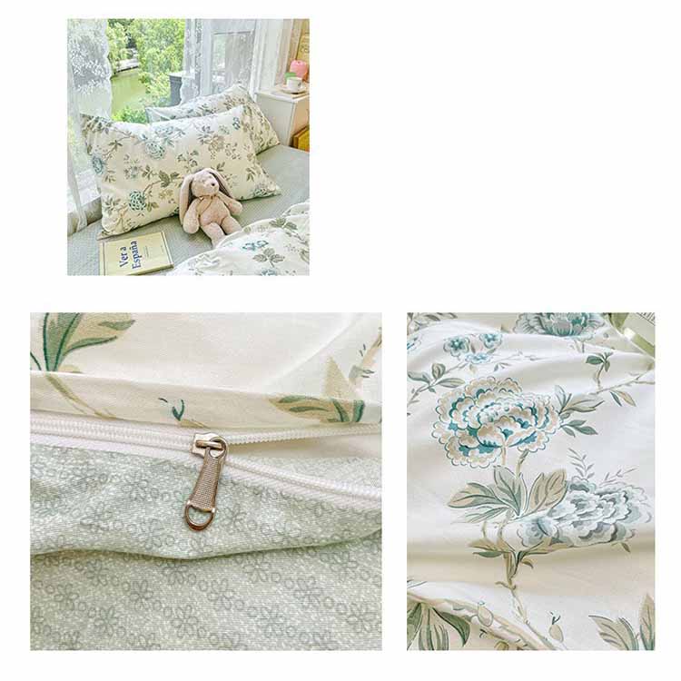 Green Cream Flowers Bedding Set Washable 60s Cotton Duvet Cover Bedding Set