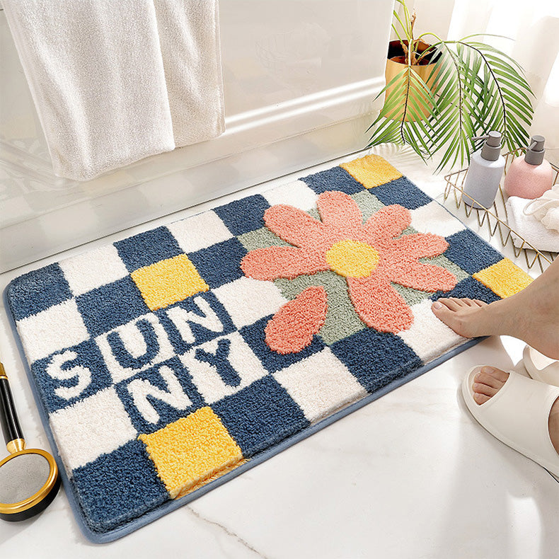 Feblilac Colored Checkerboard Bath Mat, Flower Bathroom Rug, Soft Plush Water-Absorbent , Multiple Sized Floral Anti Slip Toilet Mat, Thick Bathroom Carpet, Art Bathroom Mats, Best Bath Rugs, Hot Shower Mat, Toilet Rug for Bath
